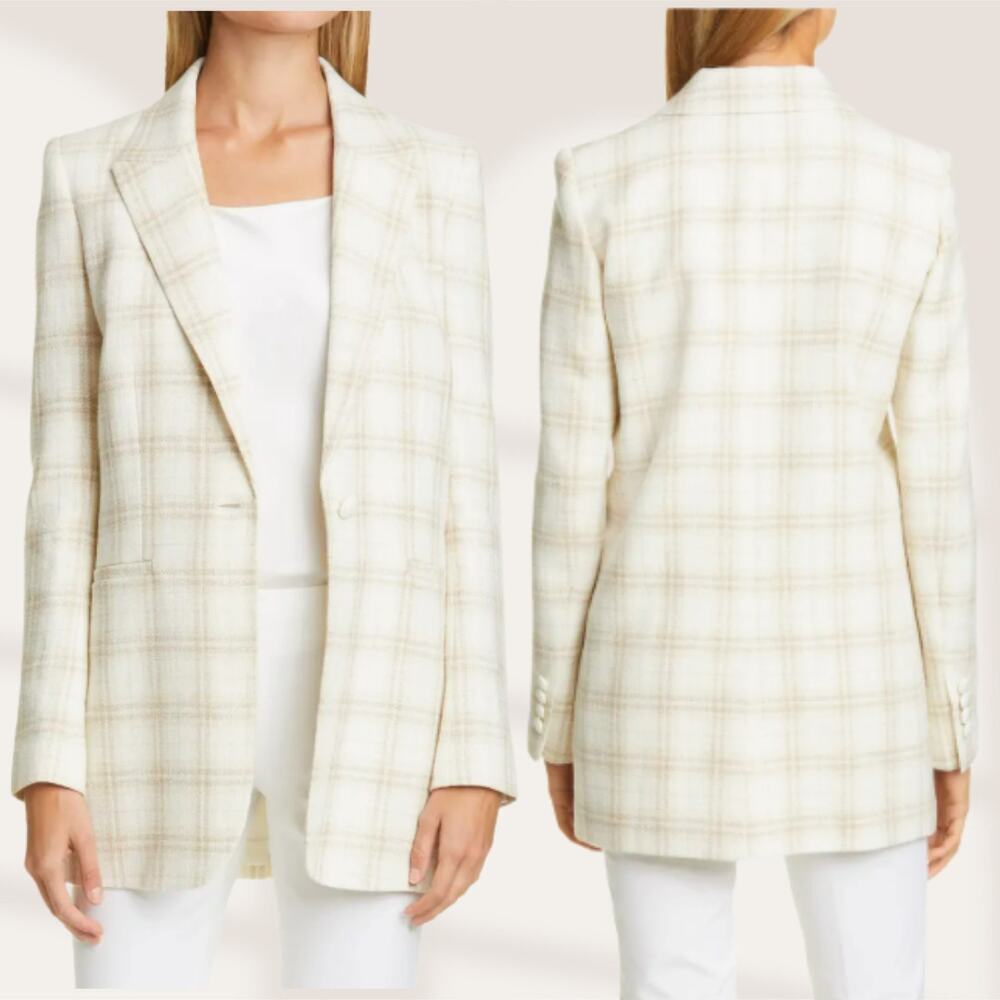 Lafayette 148 Blazer White Plaid Cream Italian Tweed Wool Linen Suit Jacket US2